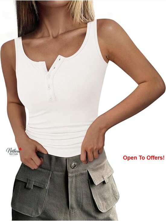 Tops - Ribbed Knit Slim Fit Henley Tank Top, 95% Rayon 5% Elastane